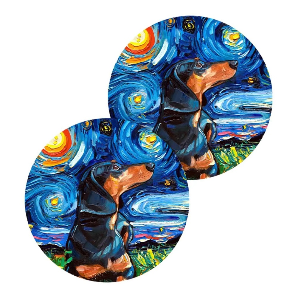 2pcs Dachshund Van Gogh Painting Style Dog Absorbent Car Cup Holder Coaster Mats